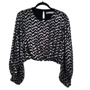 Zara Zebra Print Long Sleeved Metallic Black Silver Crop Top Sz XL